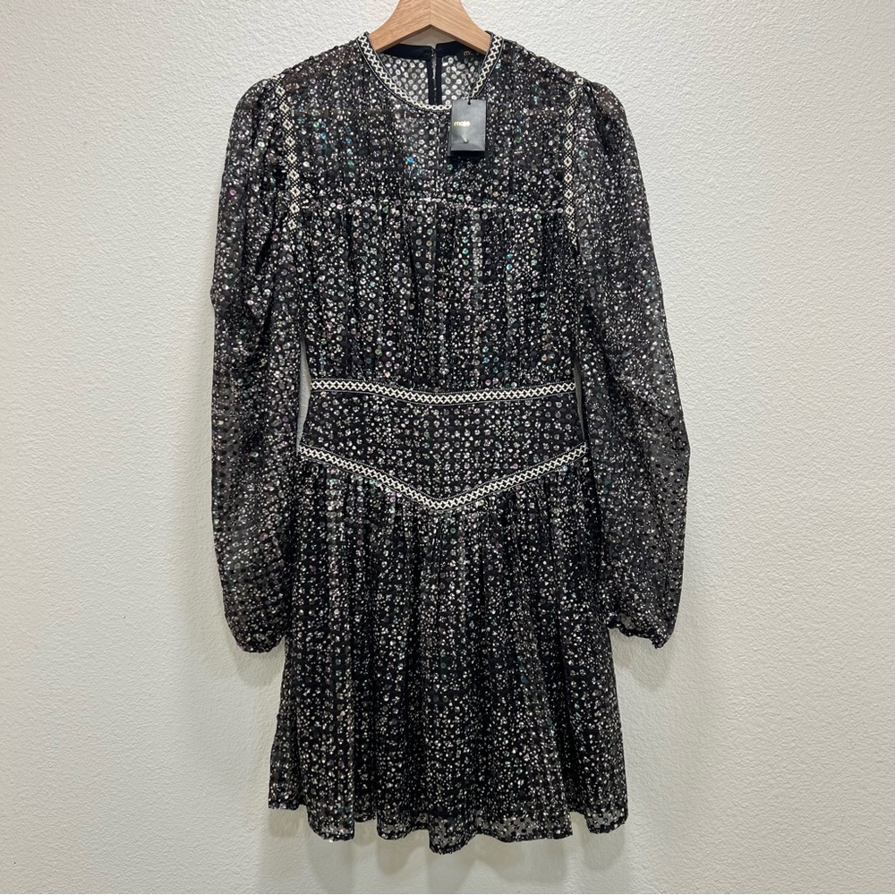 Maje NWT Black Remix Sequin A-Line Long Sleeve Mini Dress Size XS 34 Whimsigoth